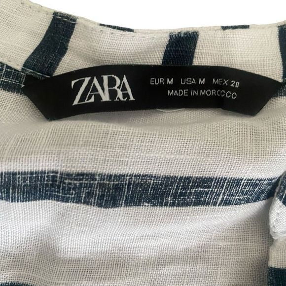 Zara Linen Navy White Stripes Button Roll Sleeves Pockets Blouse Shirt Medium - Picture 7 of 10